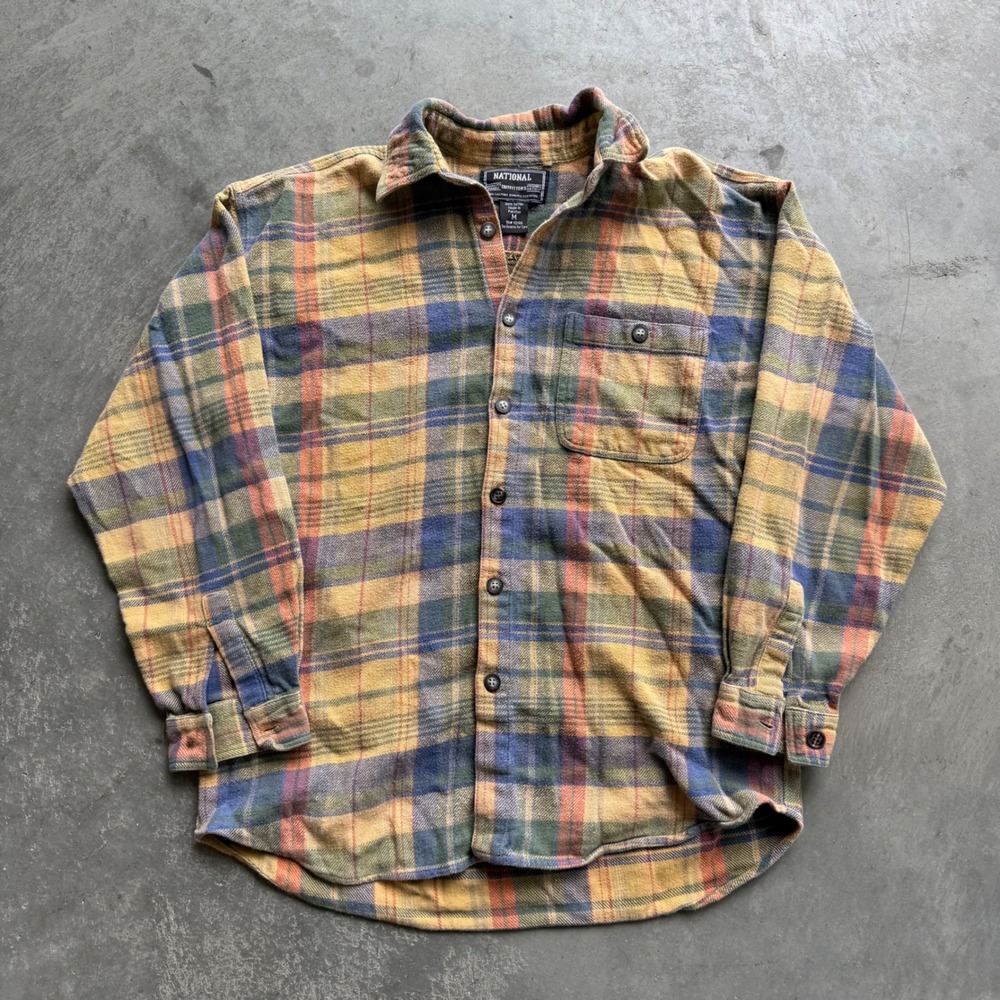 National Outfitters Mens Plaid Flannel Shirt Yellow Blue Green Cotton Size M
